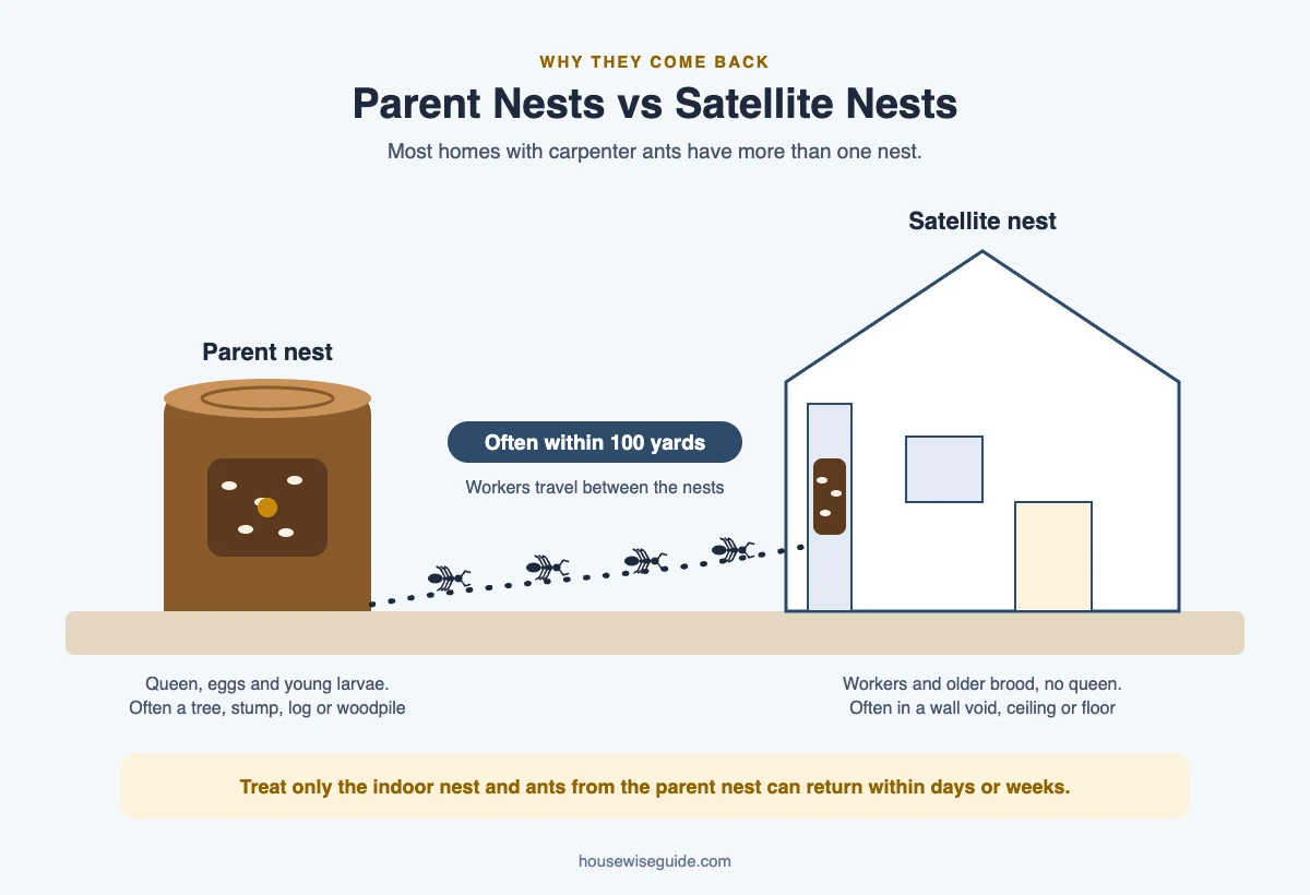 HouseWise Guide diagram of a carpenter ant parent nest and an indoor satellite nest