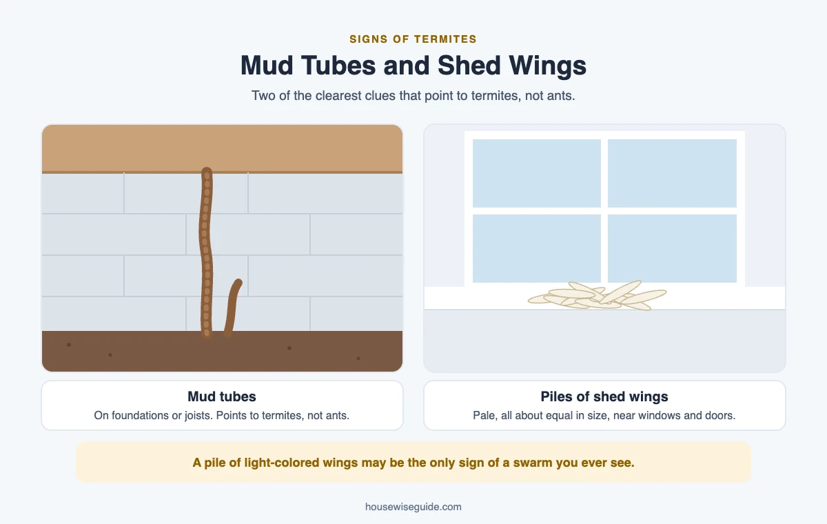 On the left, a brown mud tube climbs a concrete block foundation from the soil to the wooden sill. On the right, a small pile of pale, equal-sized insect wings lies on a white windowsill.