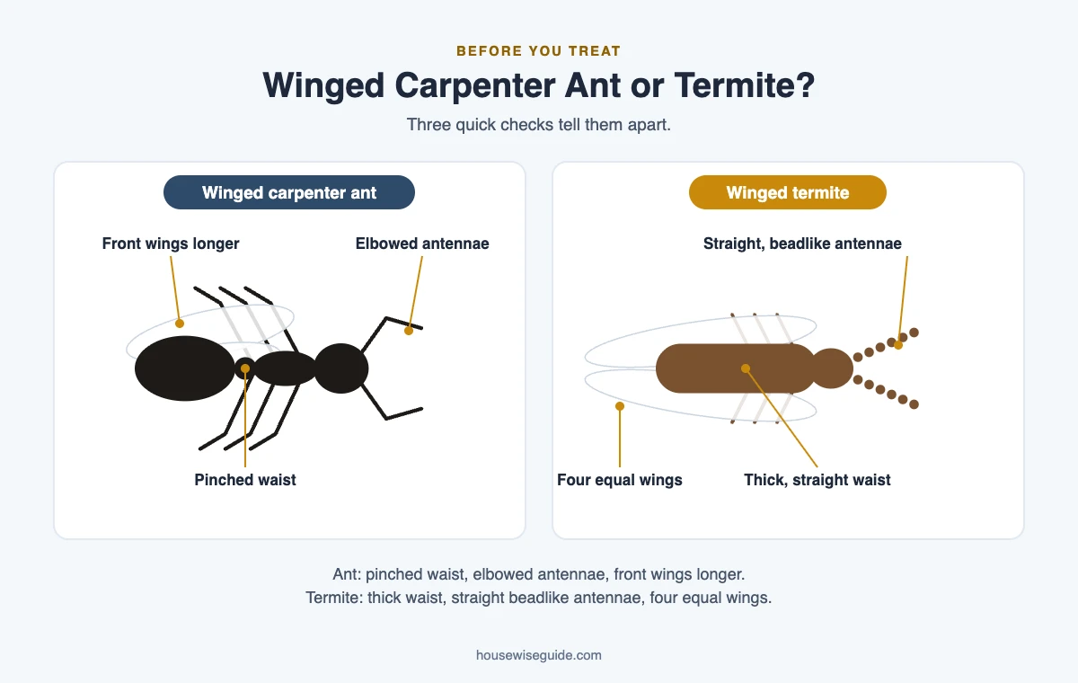A black winged carpenter ant and a brown winged termite are drawn side by side with labels. The ant has a pinched waist and elbowed antennae, while the termite has a thick waist and four equal wings.